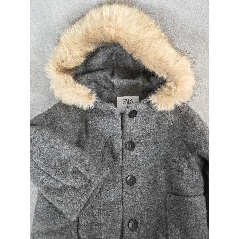 Zara Kids Girls 18 Months Wool Duffle Pea Coat Gray Faux Fur‎ Hood Trim Classic